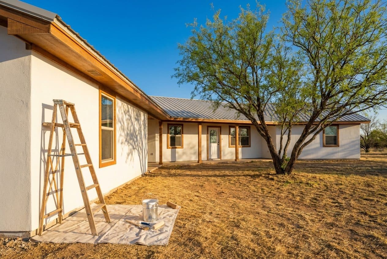 Exterior house painting on a calm, clear West Texas morning