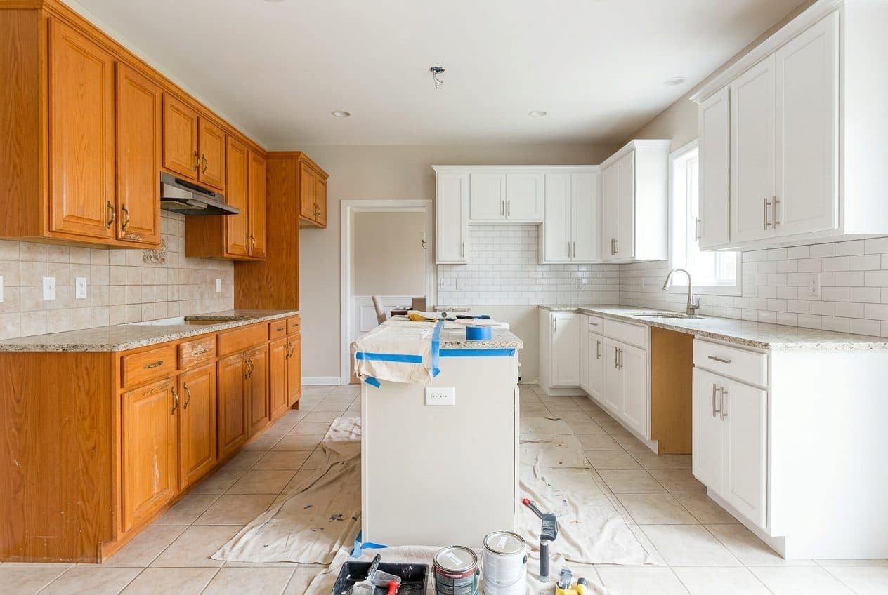 Kitchen cabinets half refinished in white beside the original oak finish