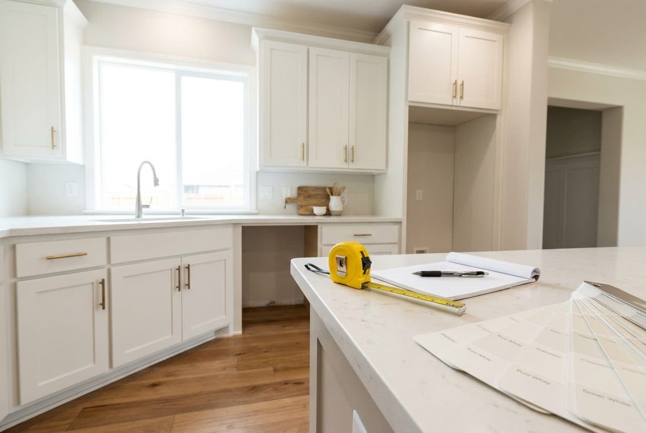 Freshly painted white kitchen cabinets with swatches and a notepad for planning a cabinet painting budget