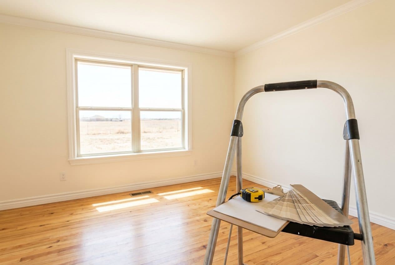 Freshly painted living room with an estimate clipboard and color fan deck