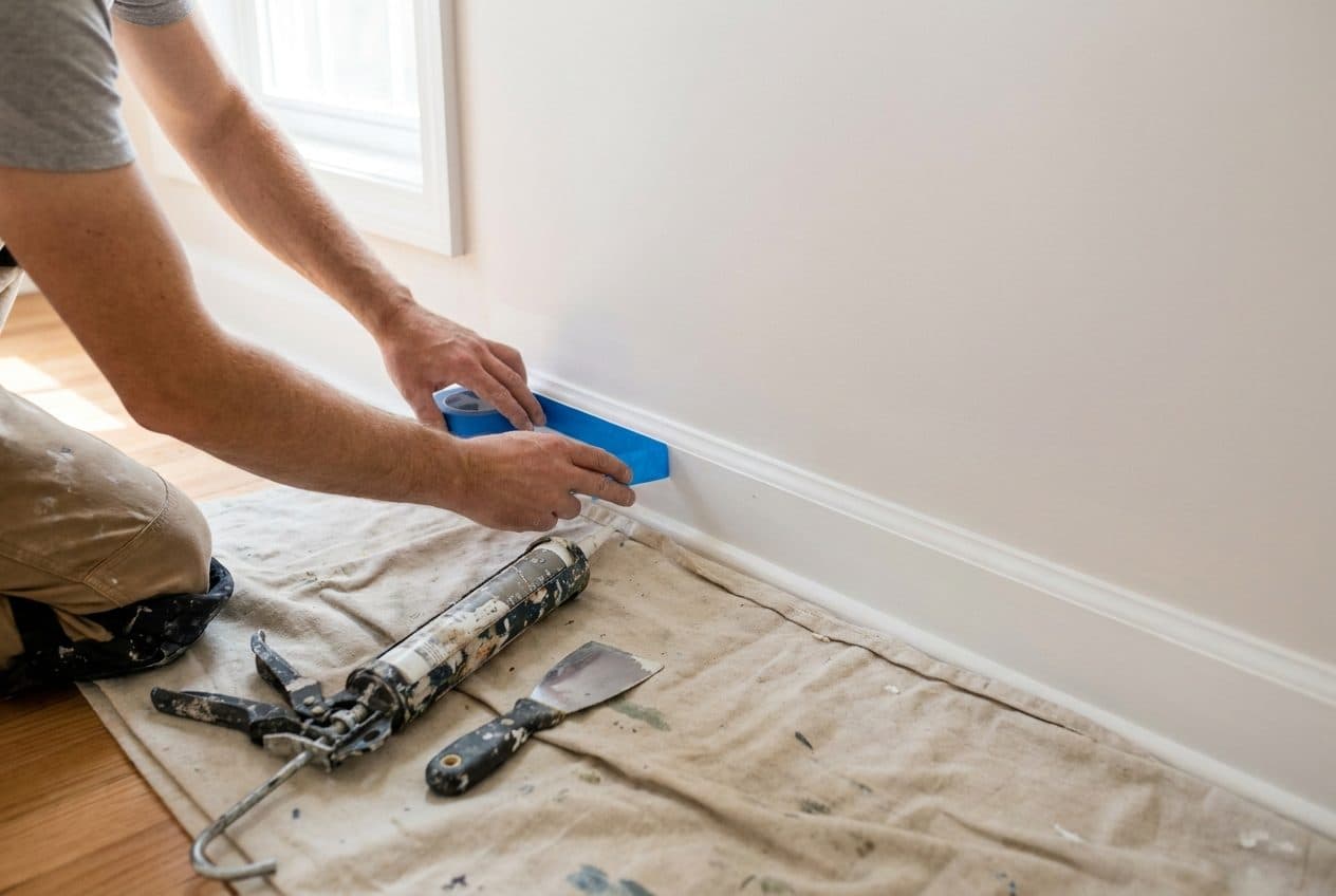 Painter taping baseboard trim before painting — careful prep on every job