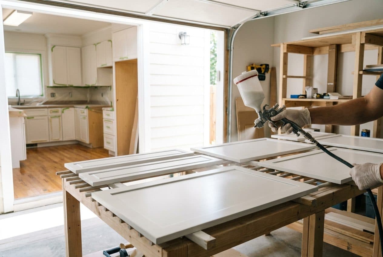 Cabinet refinishing in Lubbock — spraying cabinet doors a smooth satin finish