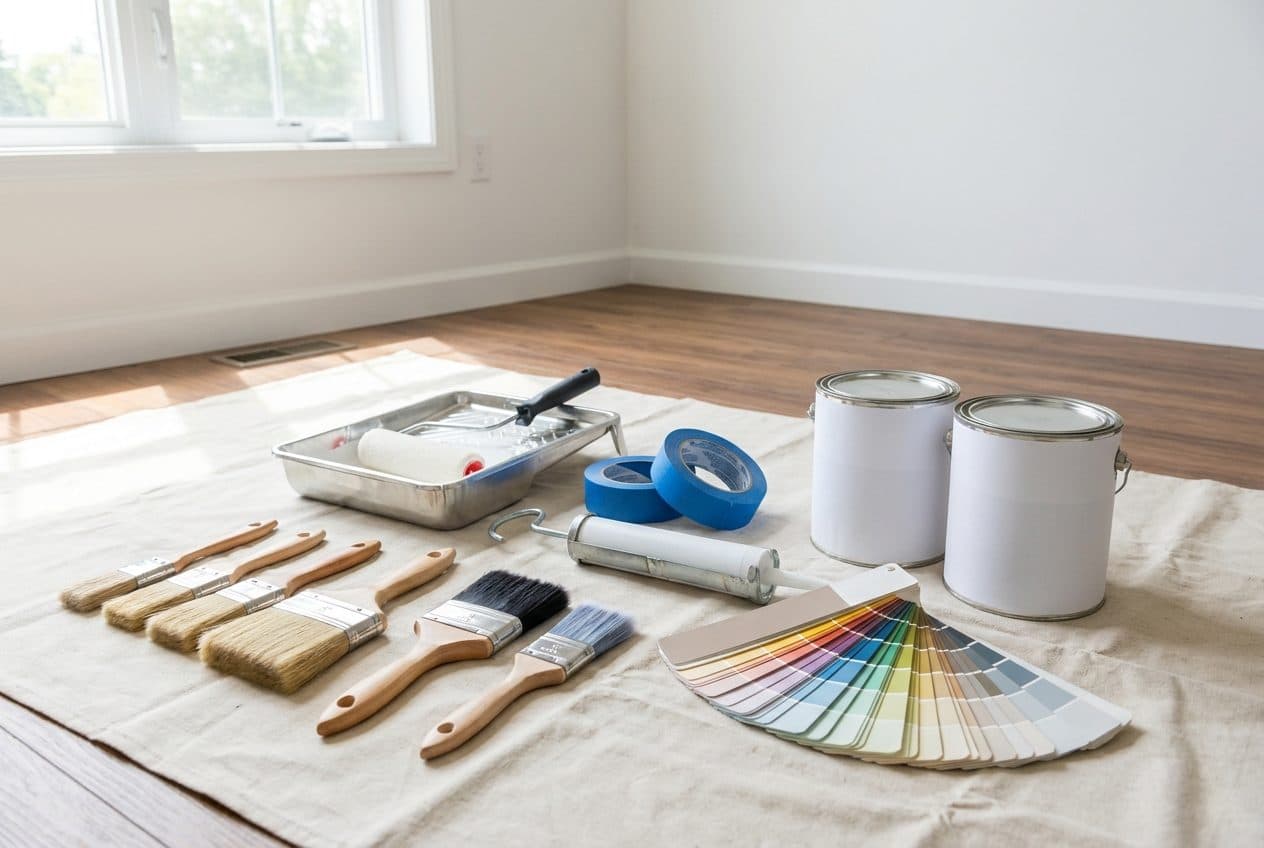 Professional painting tools — brushes, roller, tape, and color swatches laid out on a drop cloth