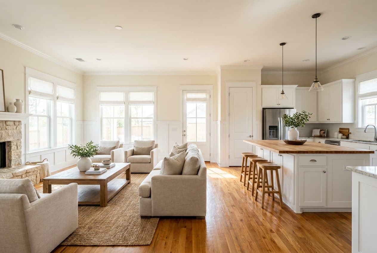 A bright, tidy home interior with neutral painted walls