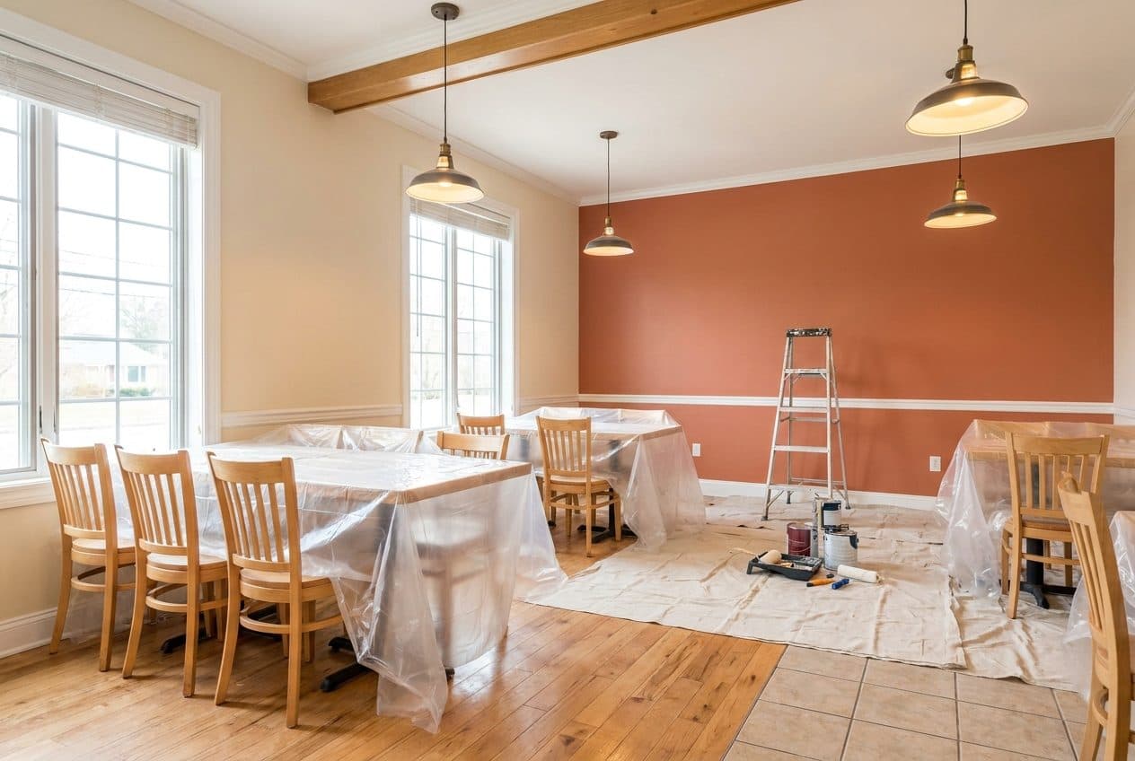 Restaurant dining room being repainted after hours with furniture covered